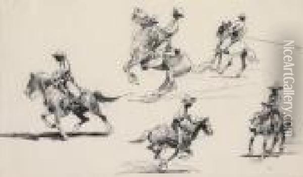 Four Riders, One Roper Oil Painting - John Edward Borein