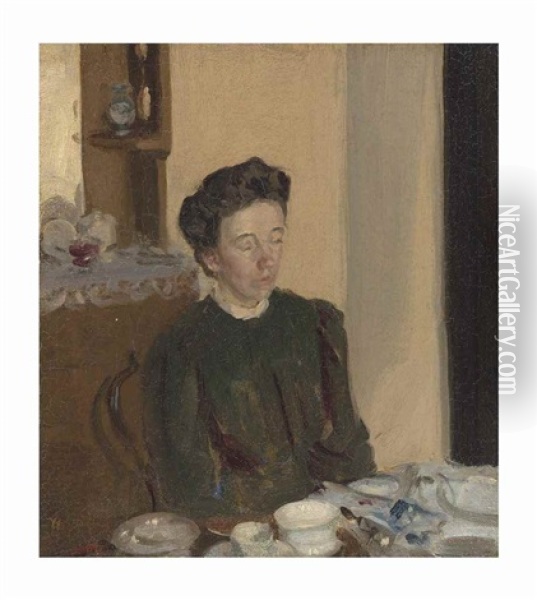 Lady Seated At A Table Oil Painting - Harold Gilman