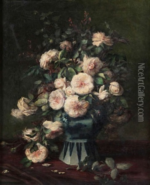 Nature Morte Aux Roses Blanches Dans Un Vase De Delft Oil Painting - Desire de Keghel