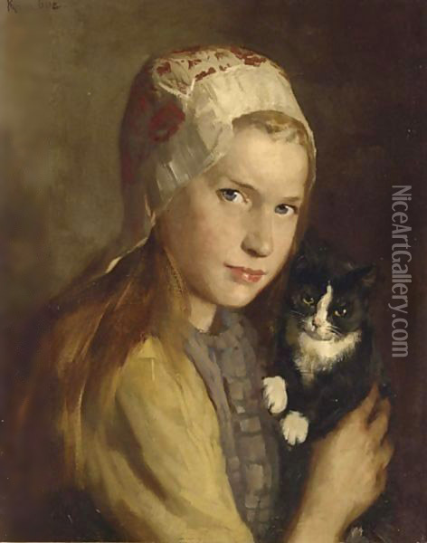A Girl With Her Cat Oil Painting - Hendrik Maarten Krabbe
