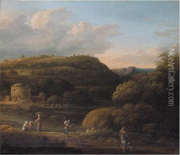 River Landscape, With Figures On A Track, And Classical Ruins Beyond Oil Painting - Gillis Neyts