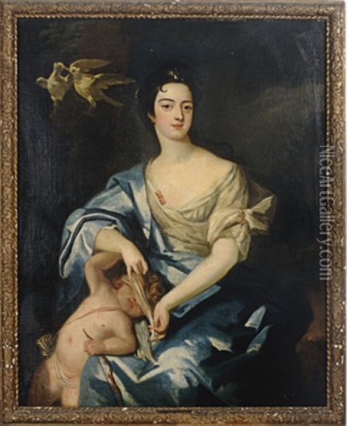 Portrait Of A Lady As Venus Blindfolding Cupid Oil Painting - Jonathan Richardson