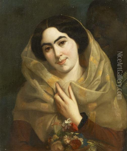 Portrait Of A Young Lady With A Scarf Oil Painting - Arsene Charles Hurtrel