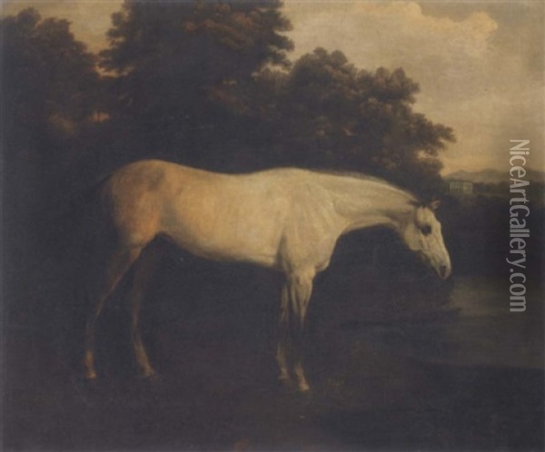 A Grey Hunter In A River Landscape (+ A Bay Hunter With A Groom In A Loose Box: Pair) Oil Painting - Henry Bernard Chalon
