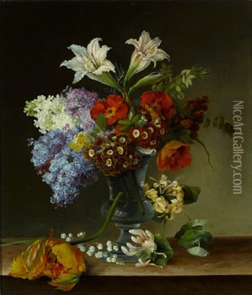 A Still Life With Lilac, Honeysuckle, Lilies-of-the-valley And Other Blossoms In A Crystal Vase Oil Painting - Hermania Sigvardine Neergard