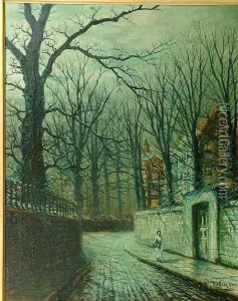A Moonlit Street Scene Oil Painting - Walter Meegan
