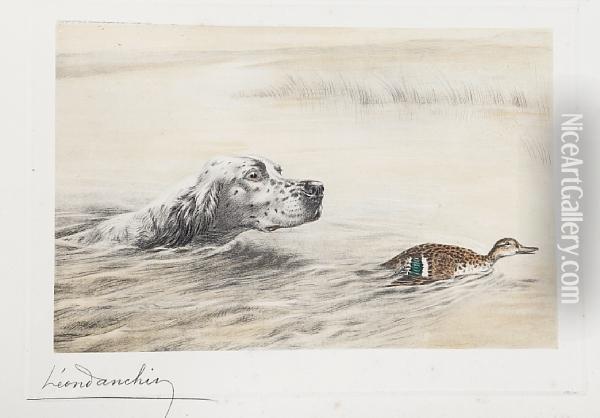 Dog Pursuing A Duck Up A Stream Oil Painting - Leon Danchin