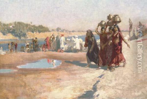 By The River At Ahmedabad, India Oil Painting - Edwin Lord Weeks