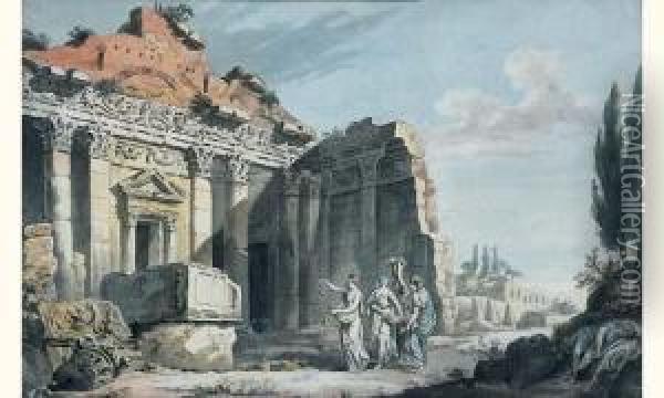 Ruines De Temple Romain Animees De Personnages Oil Painting - Jean Jacques Francois Le Barbier