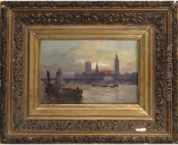 Westminster Bridge With The Houses Of Parliament In The Background Oil Painting - George Hyde Pownall