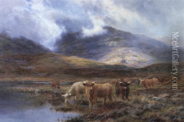 Highland Cattle In A Mist Covered Landscape Oil Painting - Louis Bosworth Hurt