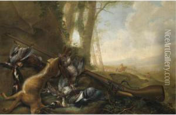 A Still Life With Dead Game, A Hare And A Gun, In A Landscape Oil Painting - Michiel Simons
