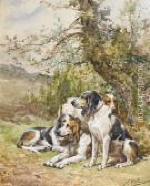 Hounds Waiting; Hounds Poised Oil Painting - Charles Olivier De Penne
