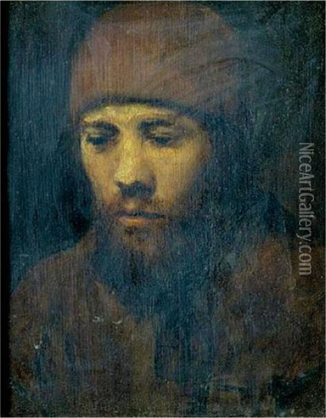 Portrait Of A Bearded Young Man Wearing A Cap Oil Painting - Rembrandt Van Rijn
