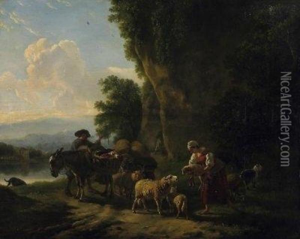 Evening Mood In Front Of The 
Cliffs By The Riverbank. Farmers With Their Stock On The Way. Signed 
Lower Left: B. Ommeganck Oil Painting - Balthasar Paul Ommeganck