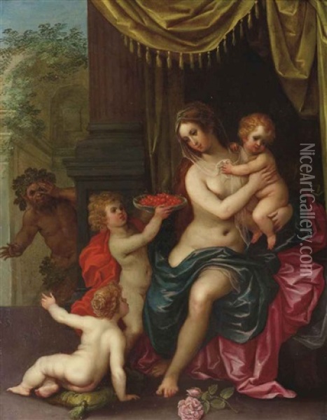 An Allegory Of Maternal Love: Venus And Her Children Spied On By A Satyr Oil Painting - Hendrik van Balen the Elder