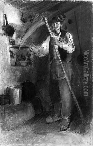 An old peasant in a interior, sharpening his scythe Oil Painting - Charles Milcendeau