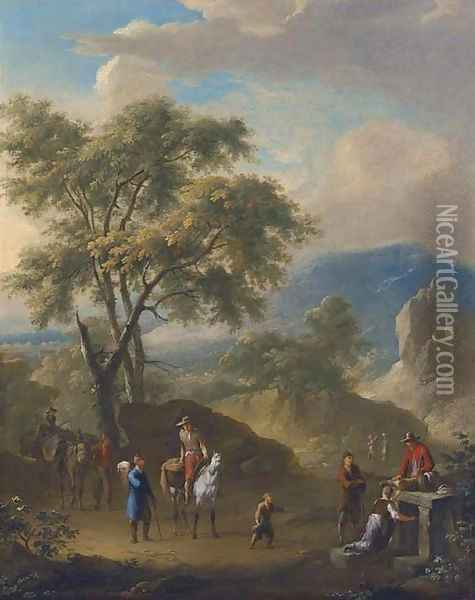 A mountainous landscape with peasants travelling on a path Oil Painting - Franz Ferg