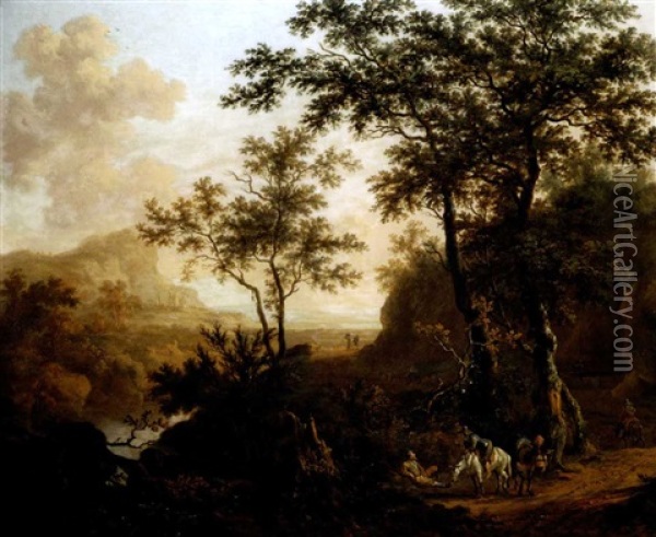 An Extensive Wooded River Landscape With Travellers On A Rocky Road, Ruins And Mountains Beyond Oil Painting - Dirk Dalens the Younger