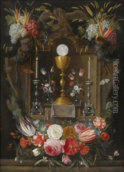 The Eucharist A Gold Chalice, A Host And Two Silver Candelabras In A Stone Niche Oil Painting - Jan van Kessel