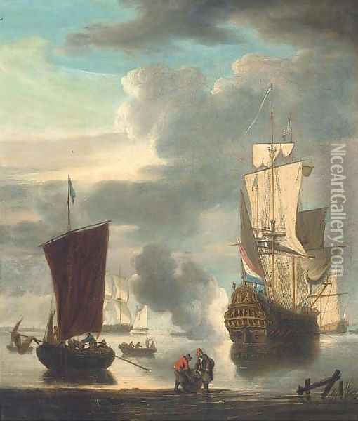 A Dutch man-o'war signalling its departure from the anchorage Oil Painting - Peter Monamy