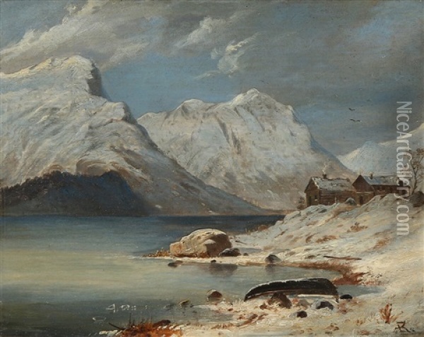A Fiord Landscape With Snow-covered Mountains Oil Painting - Anton Edvard Kjeldrup