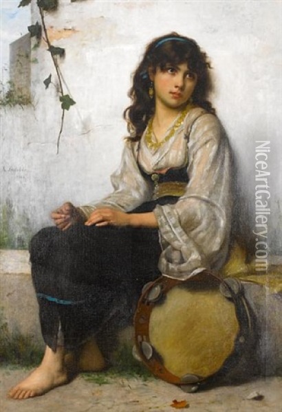 The Little Tambourine Girl Oil Painting - Francois Alfred Delobbe