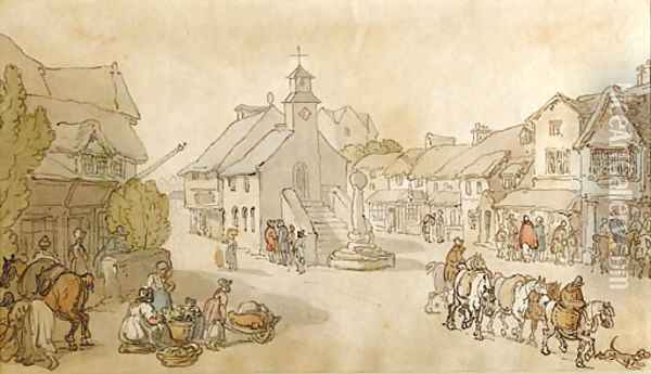 A street scene with figures and horses Oil Painting - Thomas Rowlandson