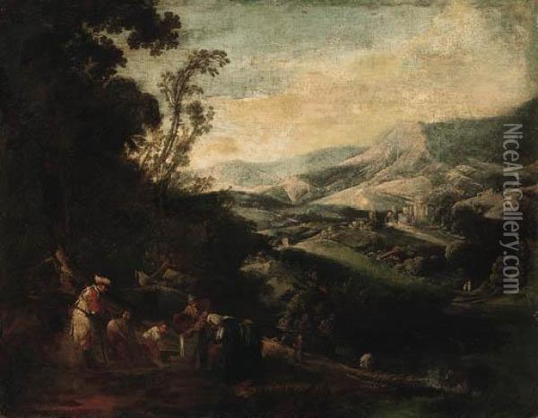 A Mountainous Landscape With Peasants Drawing Water From Awell Oil Painting - Ignacio de Iriarte