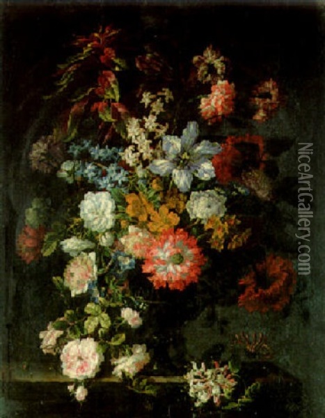 Carnations, Roses, Tulips, And Other Flowers In A Glass Vase On A Ledge Oil Painting - Jean-Baptiste Monnoyer