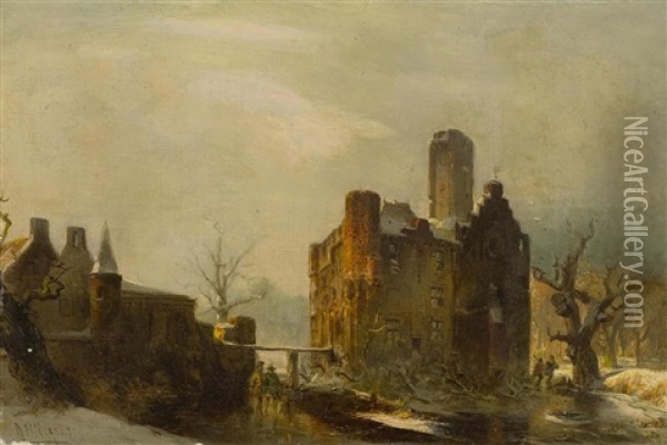 Casteel Dornebourg With Figures In The Winter Oil Painting - Carl Hilgers
