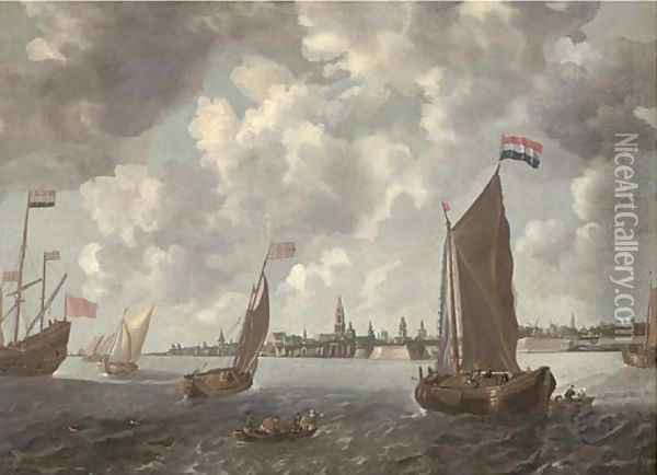 Frigates, smalschips and other shipping in choppy waters in an estuary Oil Painting - Bonaventura Peeters
