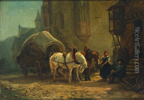 Rastender Fuhrmann Mit Planwagen. Eine Magd Futtert Die Pferde Oil Painting - Jacques Francois Carabain