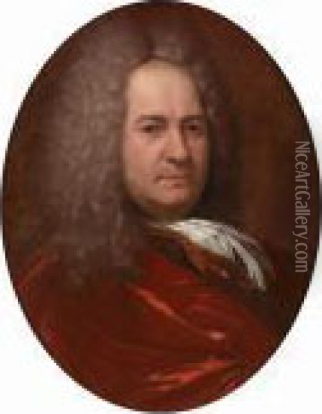Portrait Of A Gentleman, Bust-length, In A Crimson Coat With A Lace Jabot Oil Painting - Adriaen Van Der Werff
