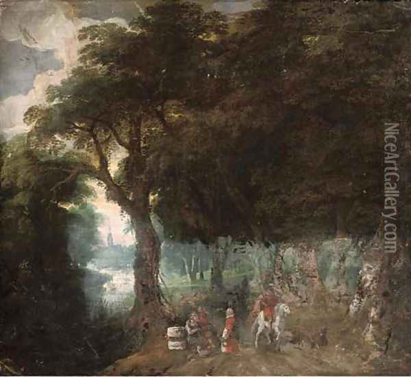 A wooded landscape with figures on a track, a church beyond Oil Painting - Jan Brueghel the Younger