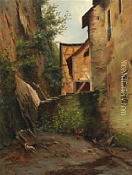 Landscape With Houses And Hens Oil Painting - Ascan Lutteroth