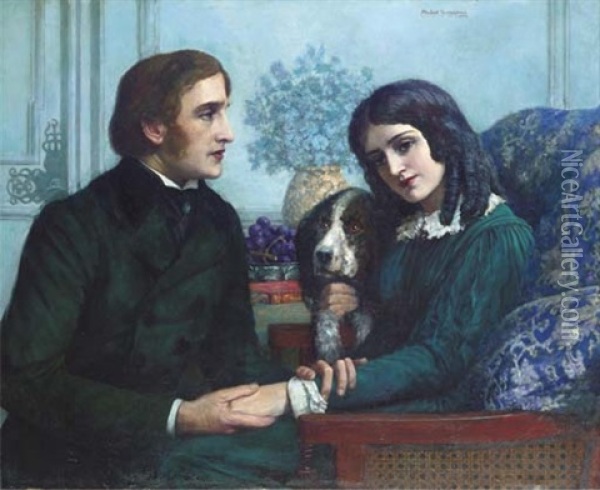 Robert Browning Visits Elizabeth Barret At 50 Wimpole Street Oil Painting - Herbert Gustave Schmalz