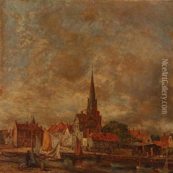 Harbour Scene With Houses And A Church, Presumably From Elsinore Oil Painting - Carl Hansen