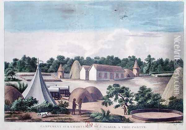 Encampment on the land of J. Slaber at Thee-Fontyn, from Voyages de M. le Vaillant dans l'Interieur de l'Afrique par le Cap de Bonne Esperance, 1780-85, engraved by Hulk, published in 1790 Oil Painting - Vaillant, Francois Le