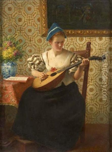 Lady With A Mandolin Oil Painting - Gustav Kohler