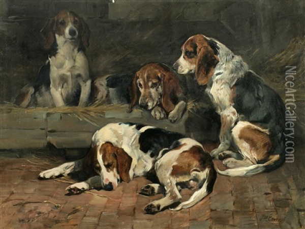 Beagles - Father Of The Pack Oil Painting - John Emms