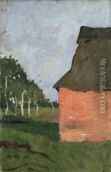 Rotes Haus. Verso: Landschaft Mit Birkenstammen Am Moorgraben Oil Painting - Paula Modersohn-Becker