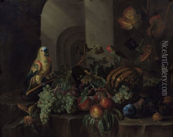 Fruits Et Perroquets Sur Un Entablement De Pierre Oil Painting - Jacob Marrel