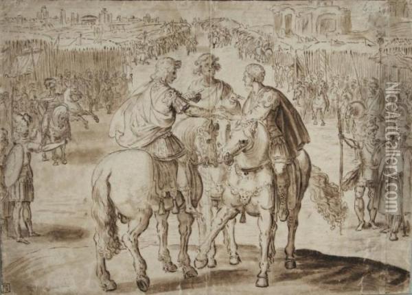 Le Triumvirat, Marc Antoine, Octave Et Lepide Oil Painting - Jan van der Straet
