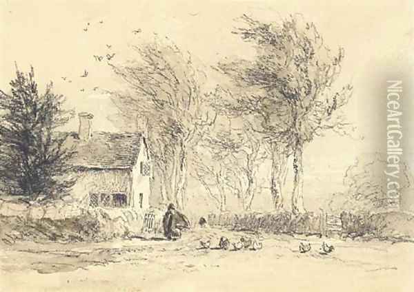 A figure feeding chickens before a cottage Oil Painting - David Cox