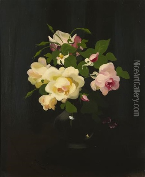 A Still Life Of Pink Roses Oil Painting - Stuart James Park
