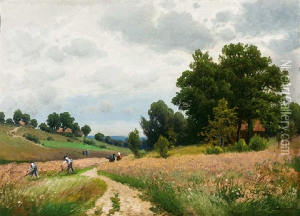 Erntelandschaft An Einem Prachtvollen Sommertag Mit Landarbeitern Bei Der Getreideernte Oil Painting - Josef Schoyerer