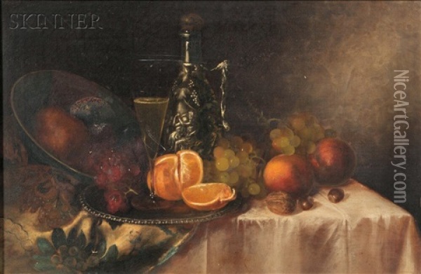 Tabletop Still Life With Fruit And Wine Oil Painting - Morston Constantine Ream