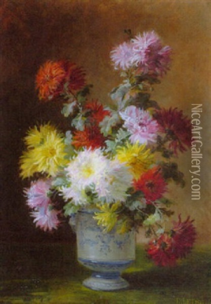Chrysanthemenstraus In Einer Vase Mit Blaumalerei Oil Painting - Louis Letsch