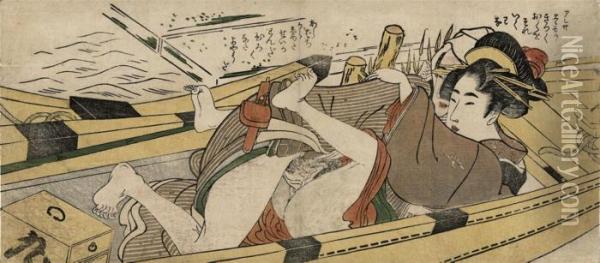 A Couple In A Boat, Slight 
Fading, Rubbed And Vertical Centre Fold; And Two Further Prints By 
Utamaro Oil Painting - Kitagawa Utamaro